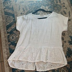 Terzo Millennio Womens 100% Linen Hi-Lo Embroidered Short Sleeve Top